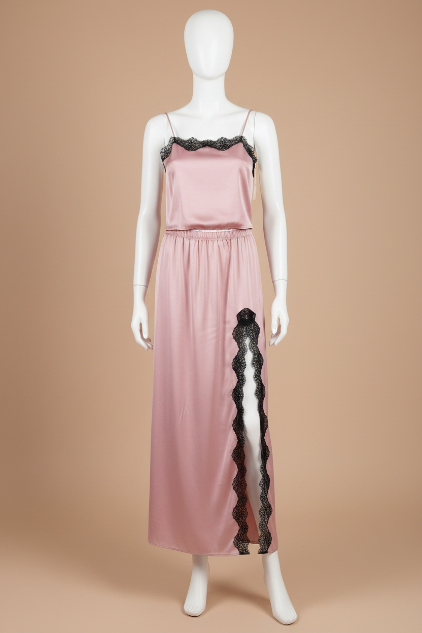 Ensemble Pyjama Satin Rose Poudré & Dentelle Noire
