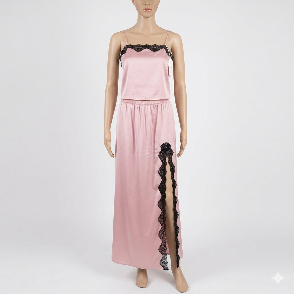 Ensemble Pyjama Satin Rose Poudré & Dentelle Noire