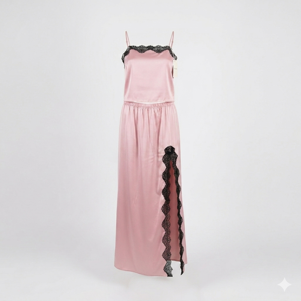 Ensemble Pyjama Satin Rose Poudré & Dentelle Noire