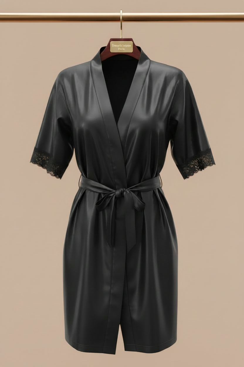 Ensemble Nuisette & Peignoir en Satin Noir "Nuit Étoilée"