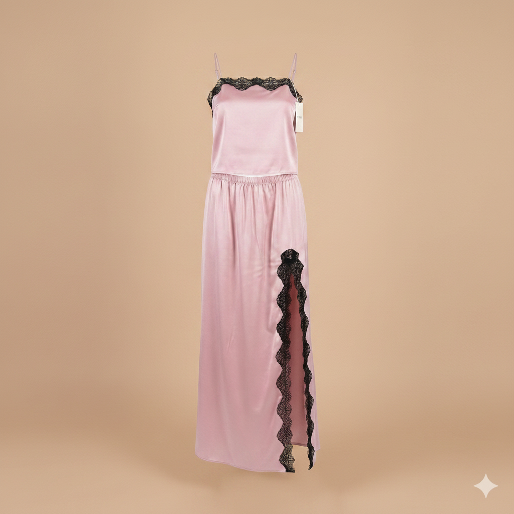 Ensemble Pyjama Satin Rose Poudré & Dentelle Noire
