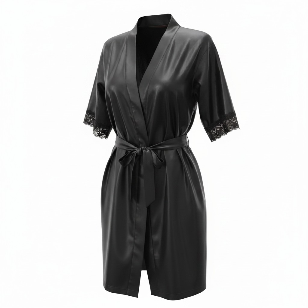 Ensemble Nuisette & Peignoir en Satin Noir "Nuit Étoilée"