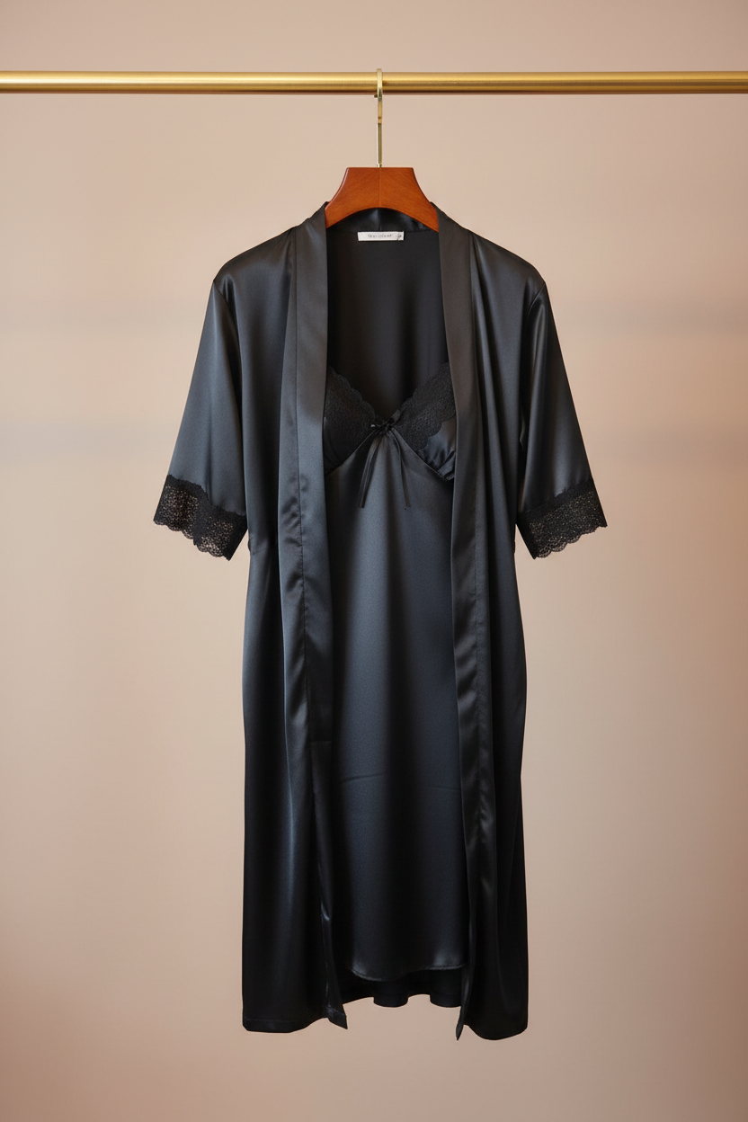 Ensemble Nuisette & Peignoir en Satin Noir "Nuit Étoilée"