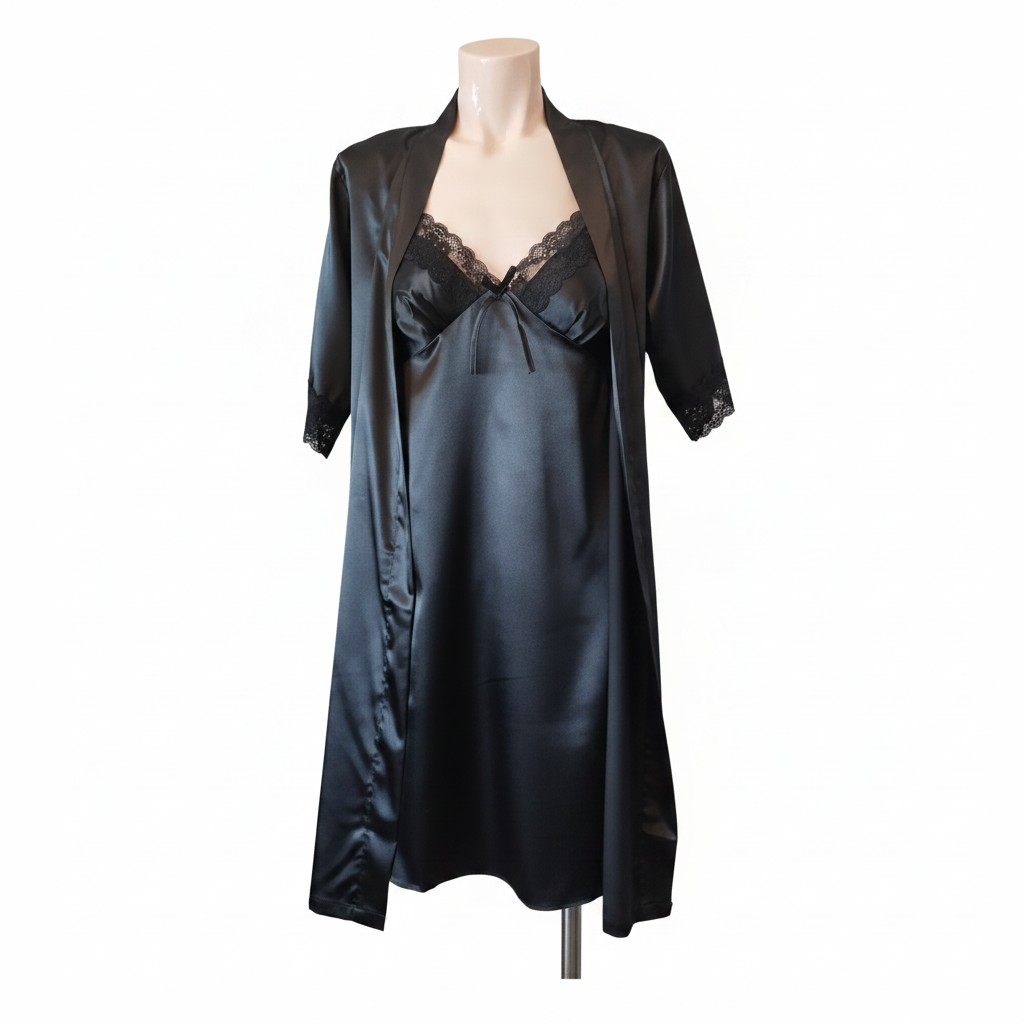 Ensemble Nuisette & Peignoir en Satin Noir "Nuit Étoilée"