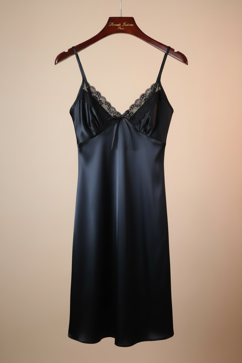 Ensemble Nuisette & Peignoir en Satin Noir "Nuit Étoilée"