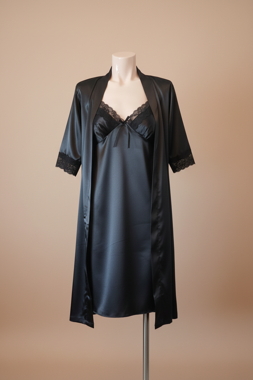 Ensemble Nuisette & Peignoir en Satin Noir "Nuit Étoilée"