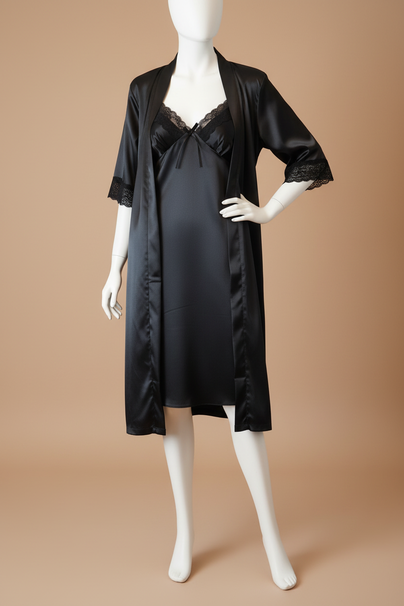 Ensemble Nuisette & Peignoir en Satin Noir "Nuit Étoilée"